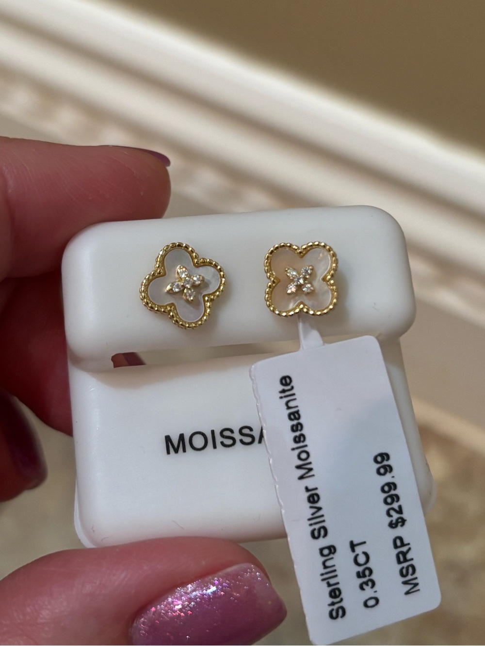 Designer inspired Gold over Sterling Silver Mother-of-Pearl clover Stud Earrings